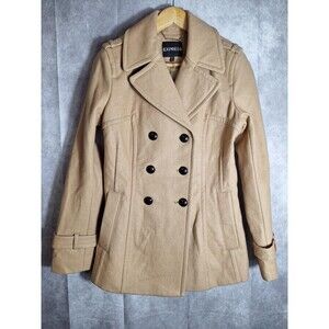 Y2K Express Camel Tan Wool Blend Double Breasted Peacoat Womens Sz Medium Sailor